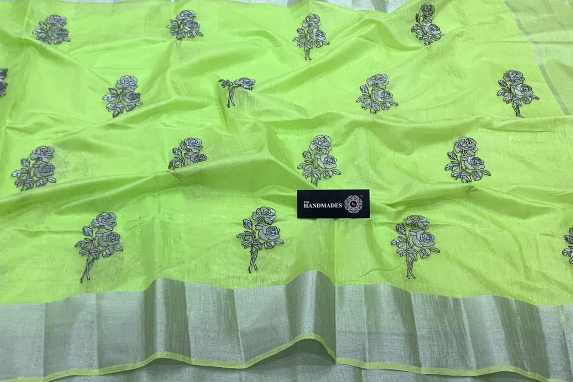 green Linen embroidery sarees