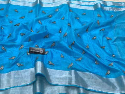 blue Linen embroidery sarees