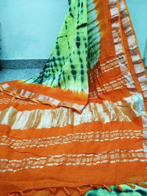 Designed Linen fabric with shibori print saree