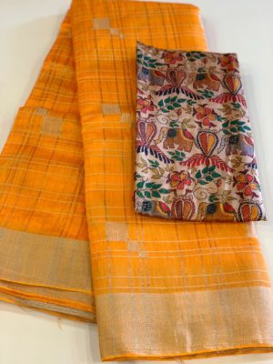 linen cotton check saree with digital printed blouse (1)