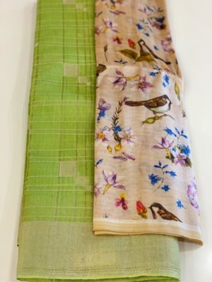 linen cotton check saree with digital printed blouse (2)