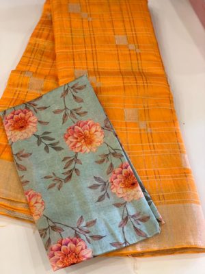 linen cotton check saree with digital printed blouse (7)