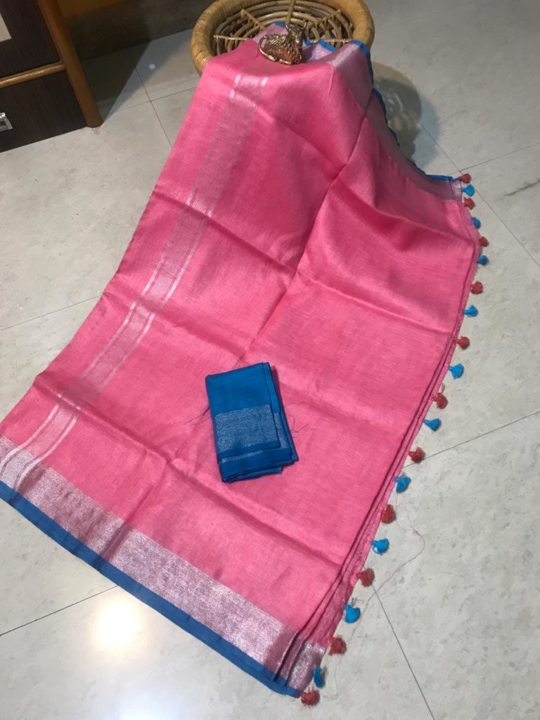 Plain linen sarees with contrast blouse models | siri designers