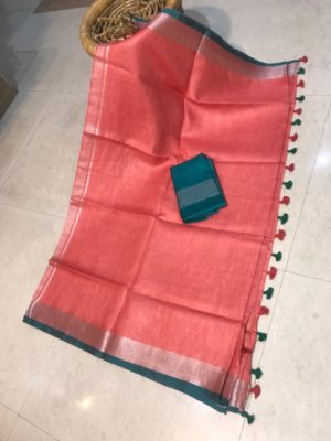 linen saree with contrast blouse (2)