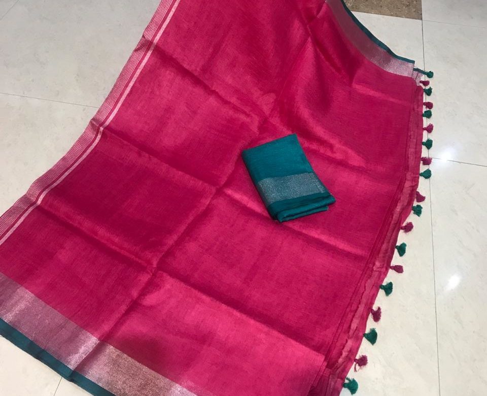 linen saree with contrast blouse (6)