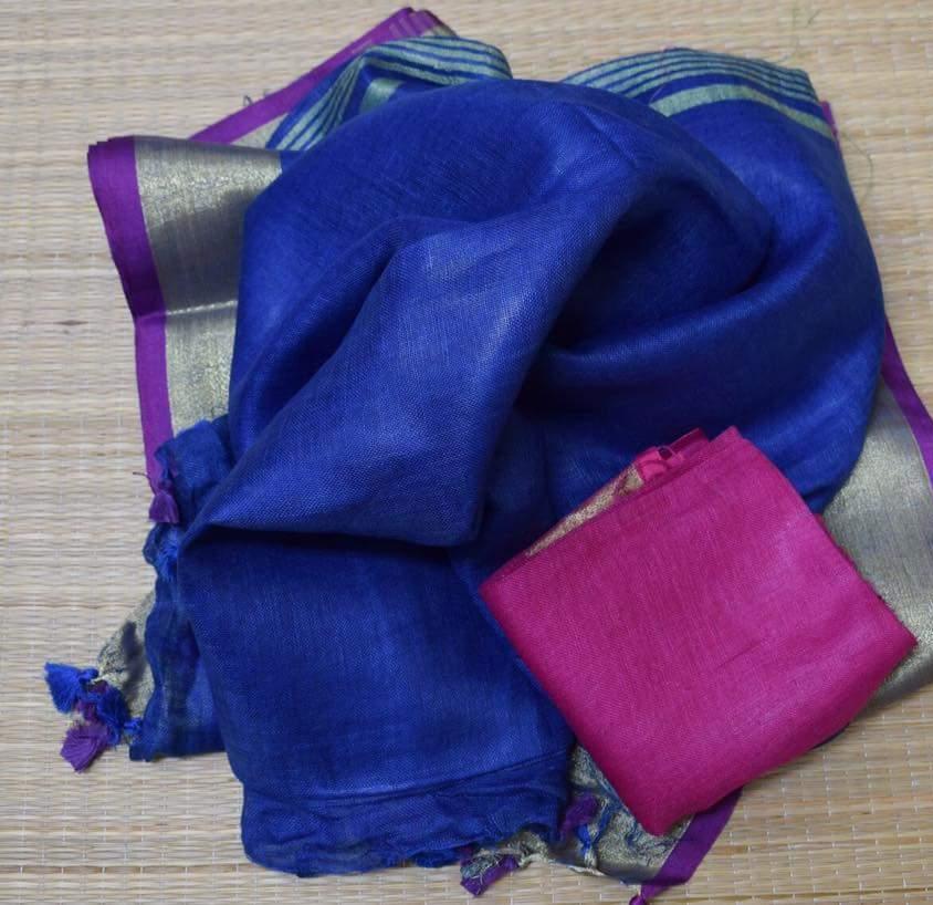 Pure linen sarees with contrast blouse online | siri designers