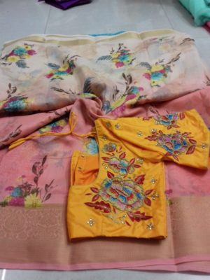 Beautiful linen silk sarees with readymade blouse (11)