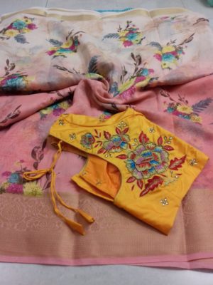 Beautiful linen silk sarees with readymade blouse (7)