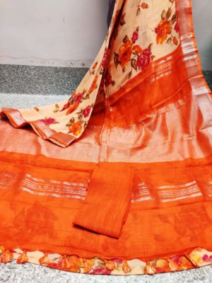 Digital cotton linen sarees with blouse (2)