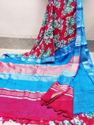Digital cotton linen sarees with blouse (4)