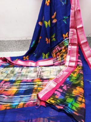 Digital cotton linen sarees with blouse (6)