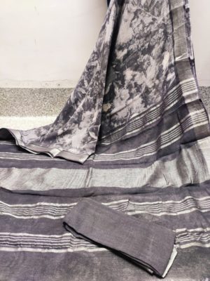 Digital cotton linen sarees with blouse (9)