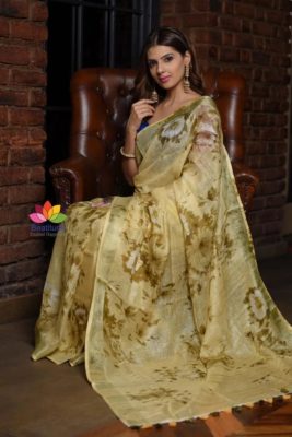 Digital printed linen sarees with blouse (1)