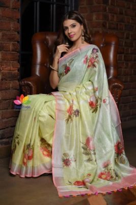 Digital printed linen sarees with blouse (13)