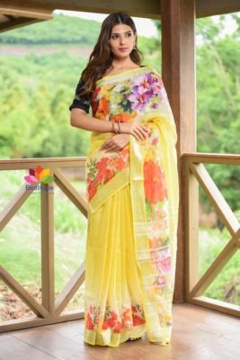 Digital printed linen sarees with blouse (15)