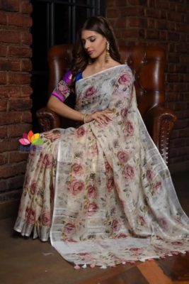Digital printed linen sarees with blouse (17)