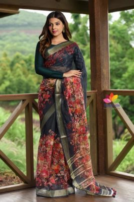 Digital printed linen sarees with blouse (19)