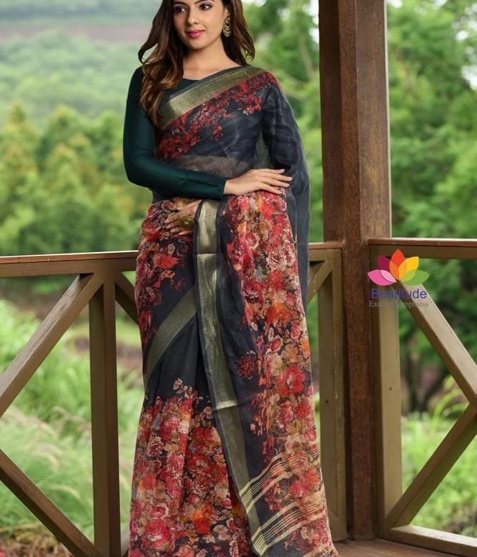Digital printed linen sarees with blouse (19)