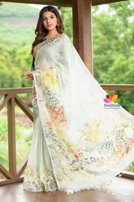Digital printed linen sarees with blouse (2)