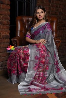 Digital printed linen sarees with blouse (5)