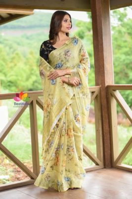 Digital printed linen sarees with blouse (6)