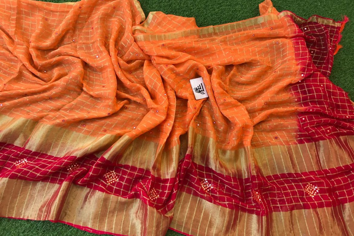 Georgette sarees with zari checks and mirrors embroidary (5)