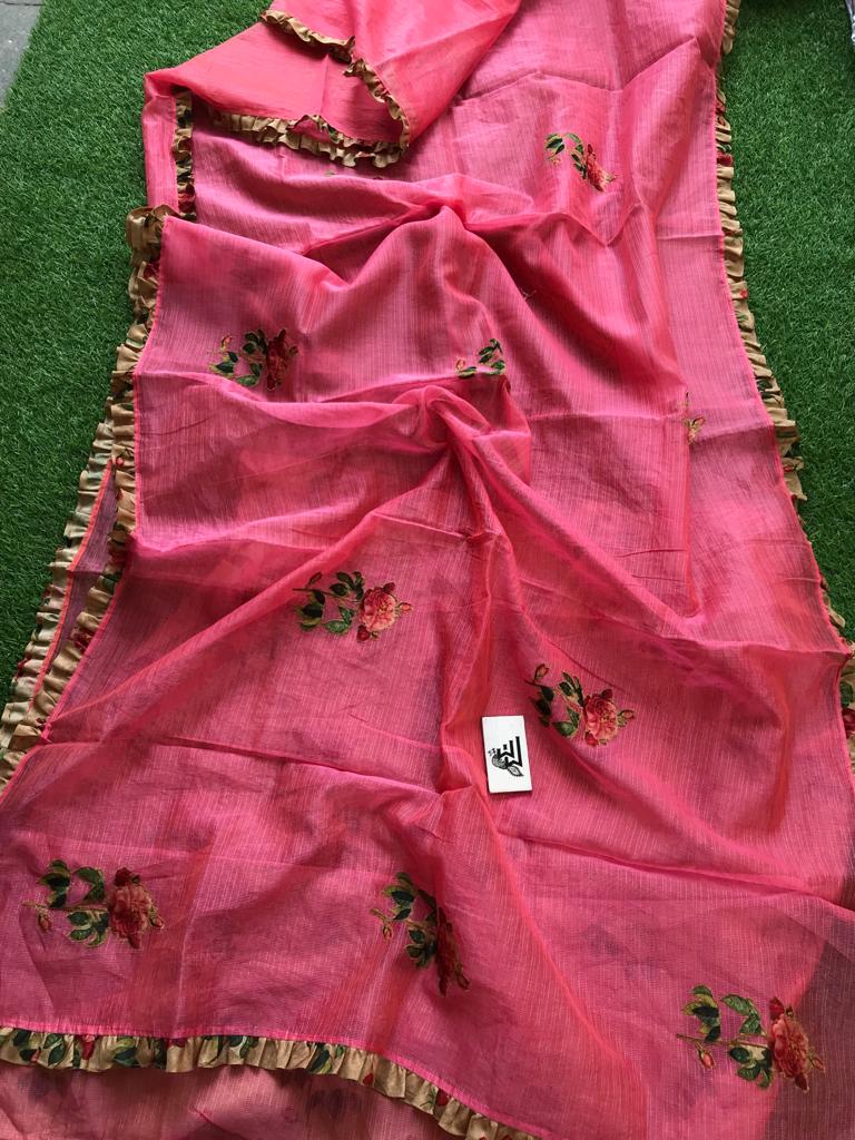 Kota tissue sarees with applique work with frills | siri designers