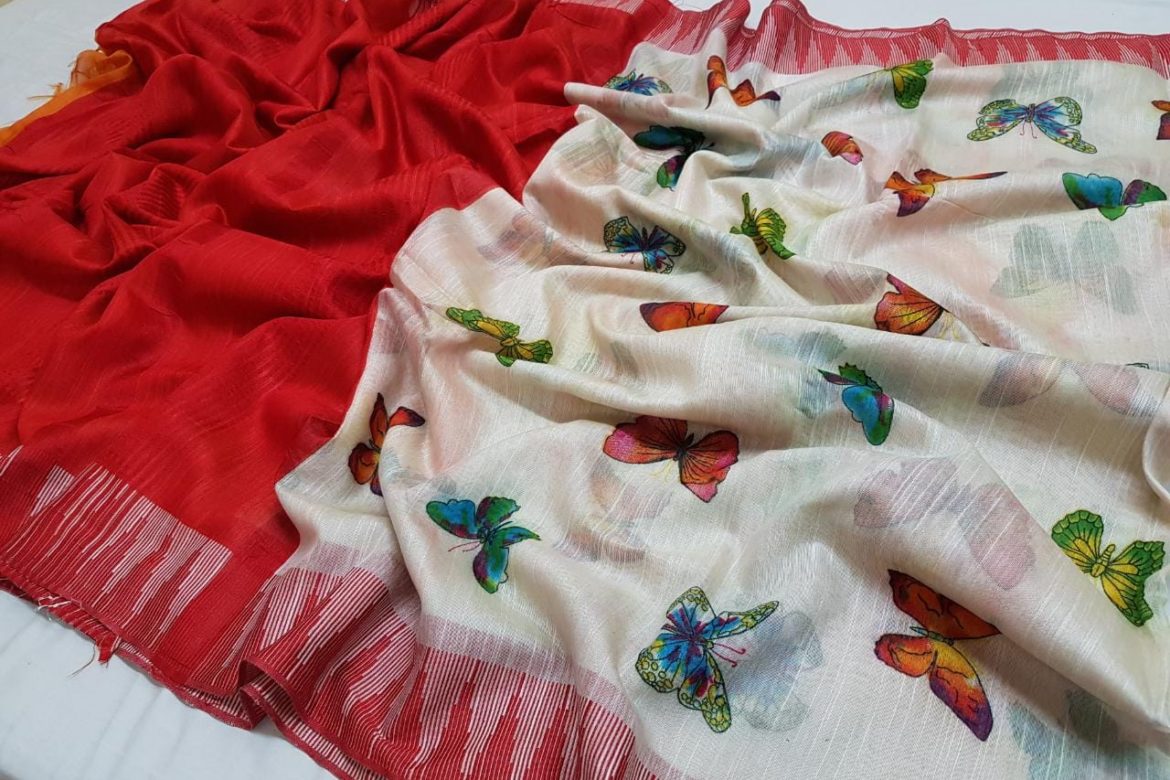 Linen butterfly sarees with blouse online (3)