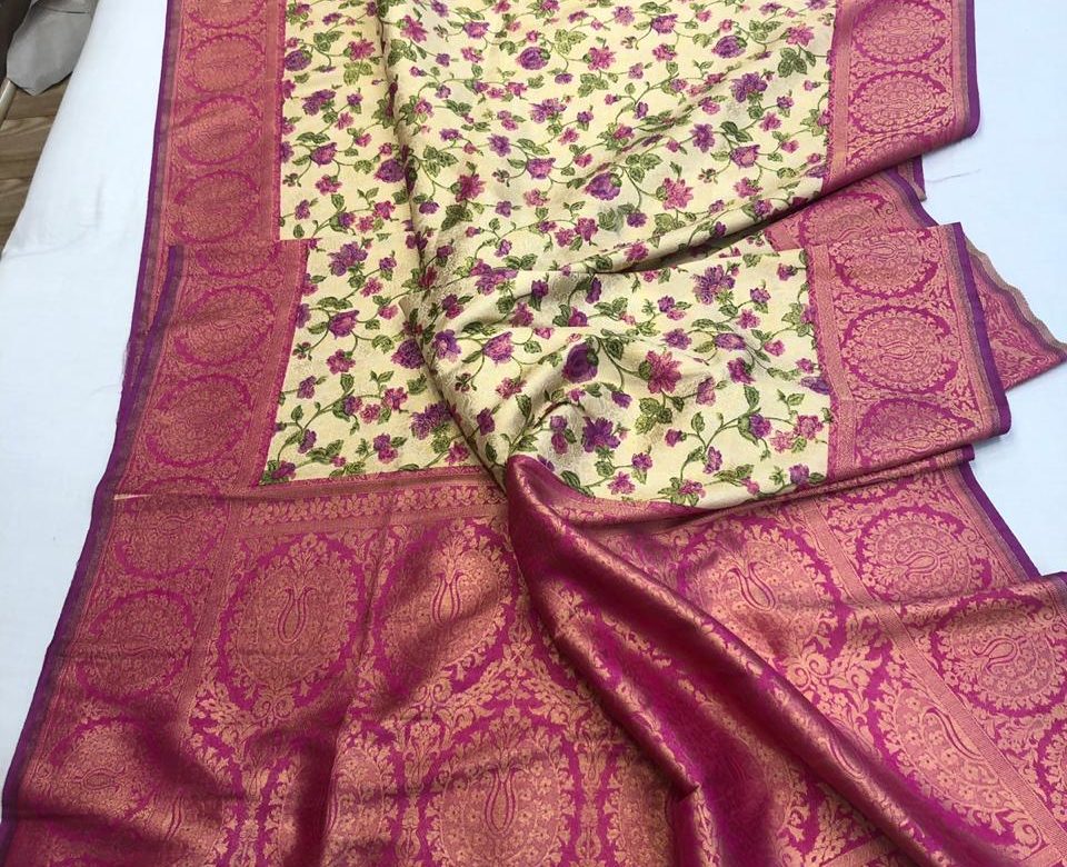 Lite weight silk brocade floral sarees with blouse (3)