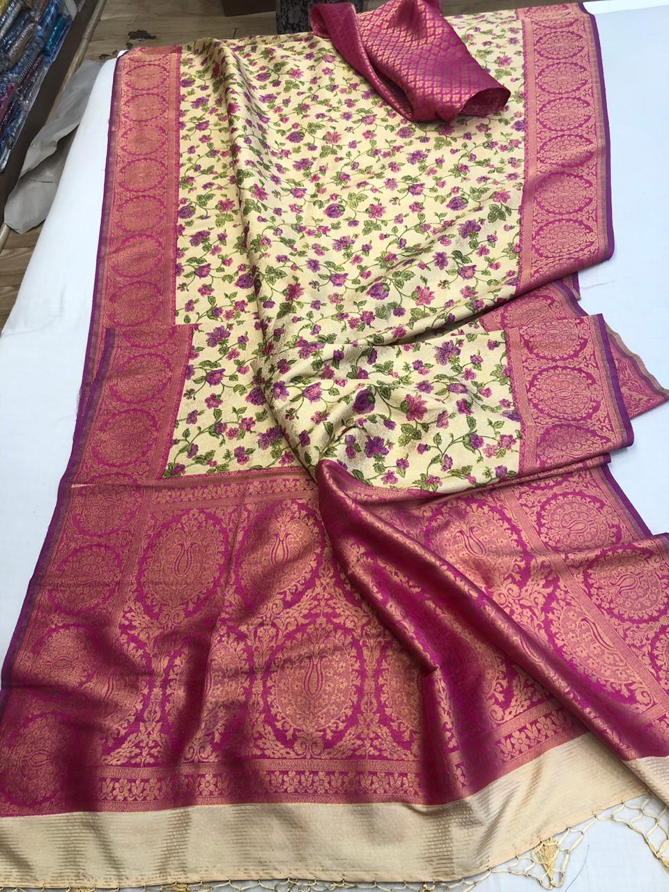 Lite weight silk brocade floral sarees with blouse | siri designers