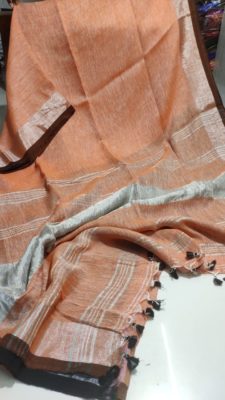 Plain linen sarees with contrast border and blouse (1)