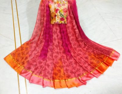 Pure chiffon floral digital print sarees with blouse. (2)