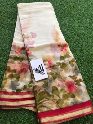 Pure chiffon sarees with floral design with banarasi georgette blouse (1)