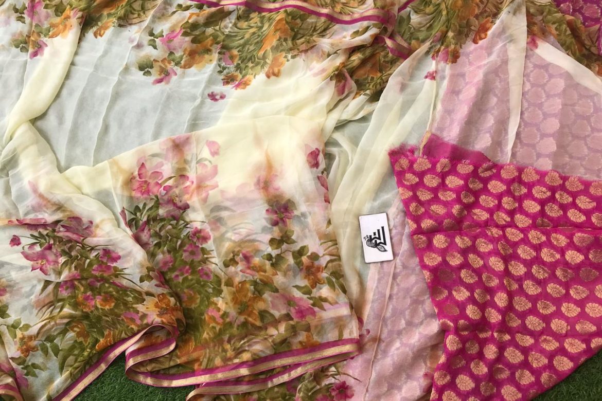 Pure chiffon sarees with floral design with banarasi georgette blouse (3)
