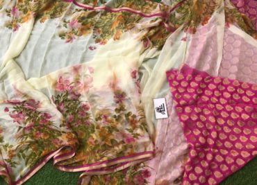 Pure chiffon sarees with floral design with banarasi georgette blouse (3)
