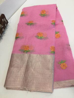 Pure handloom organza embroidary sarees with check blouse (1)