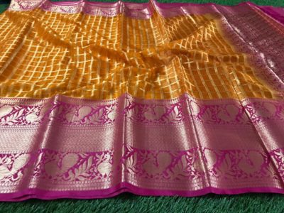 Pure kanchi organza sarees with checks and dolls (1)