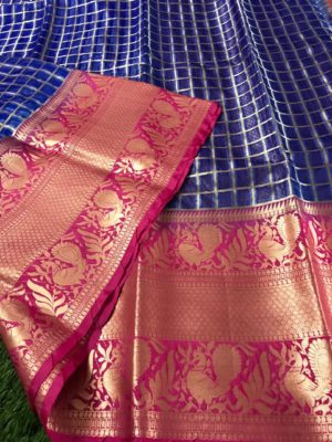 Pure kanchi organza sarees with checks and dolls (3)