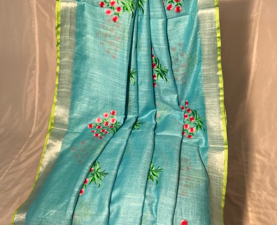 Pure linen by linen embroidary all over saree (12)