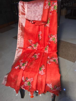 Pure linen by linen embroidary all over saree (2)