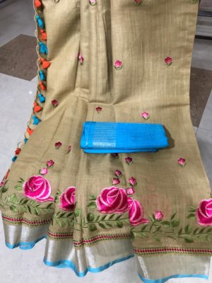 Pure linen by linen embroidary all over saree (4)