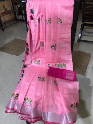 Pure linen by linen embroidary all over saree (8)