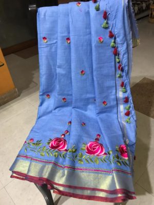Pure linen by linen embroidary all over saree (9)