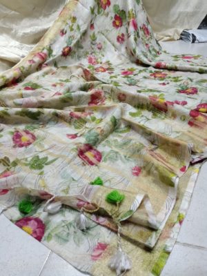 Pure linen by linen floral printed sarees with printed blouse (2)