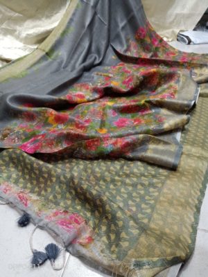 Pure linen by linen floral printed sarees with printed blouse (21)