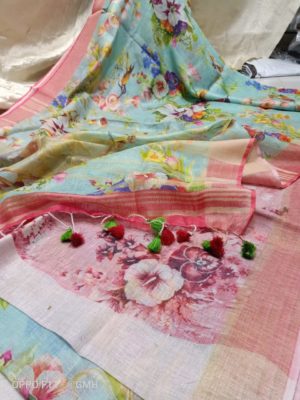 Pure linen by linen floral printed sarees with printed blouse (25)