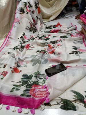 Pure linen by linen floral printed sarees with printed blouse (9)