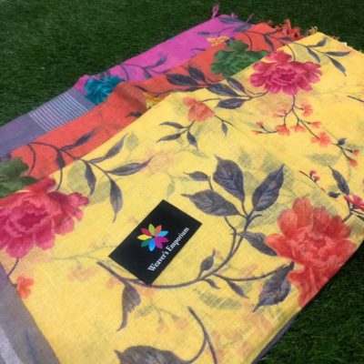 Pure linen digital print sarees with blouse (2)