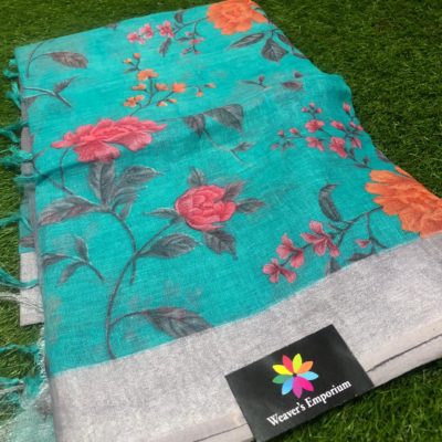 Pure linen digital print sarees with blouse (3)