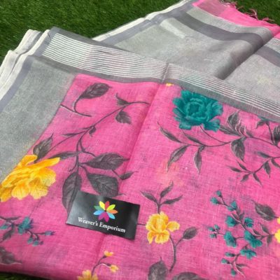 Pure linen digital print sarees with blouse (4)